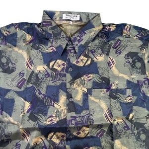 THAI SILK By Apple Shirt Men’s Short Sleeve Button Front Sz. L Blue Green Purple